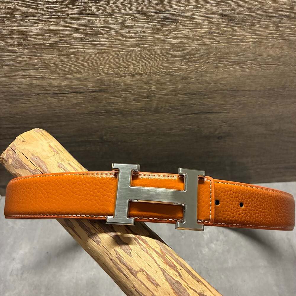 Luxury Orange Leather Belt with Silver H Buckle for Men